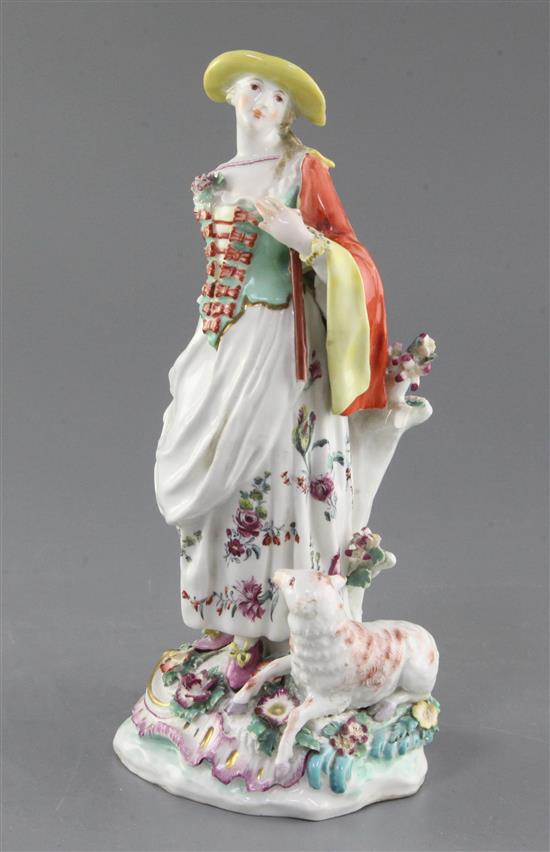 A Chelsea figure of a shepherdess, c.1759, h. 29.9cm, small losses